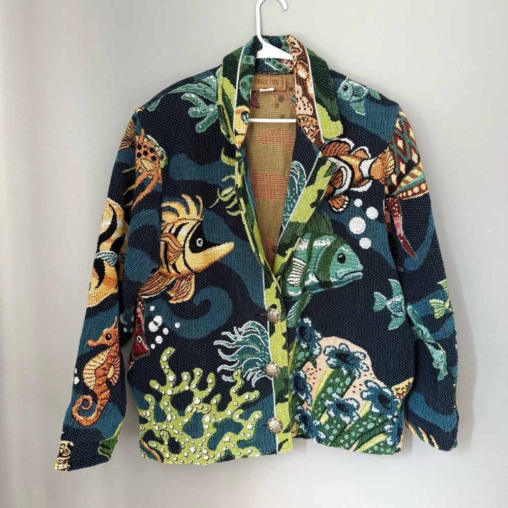 Vintage Pony Woven Tropical Fish Ocean Tapestry Jacket - Picture 1 of 9